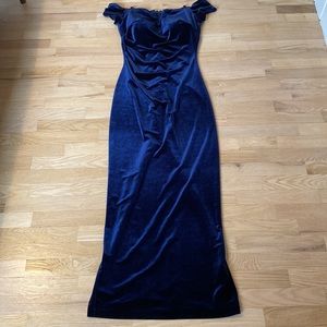 Navy Velvet Off Shoulder Gown